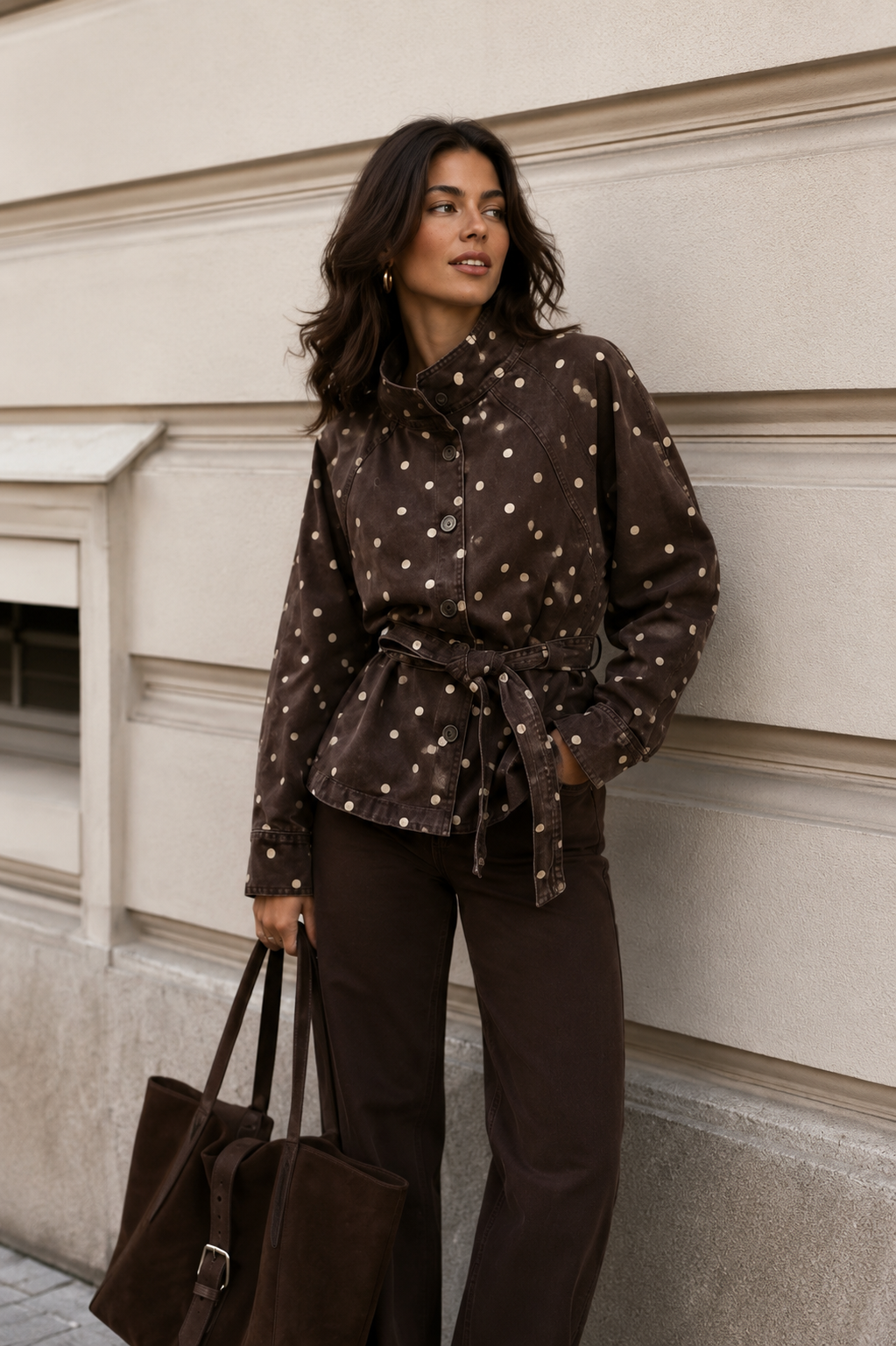 Chaqueta tejana chocolate con lunares